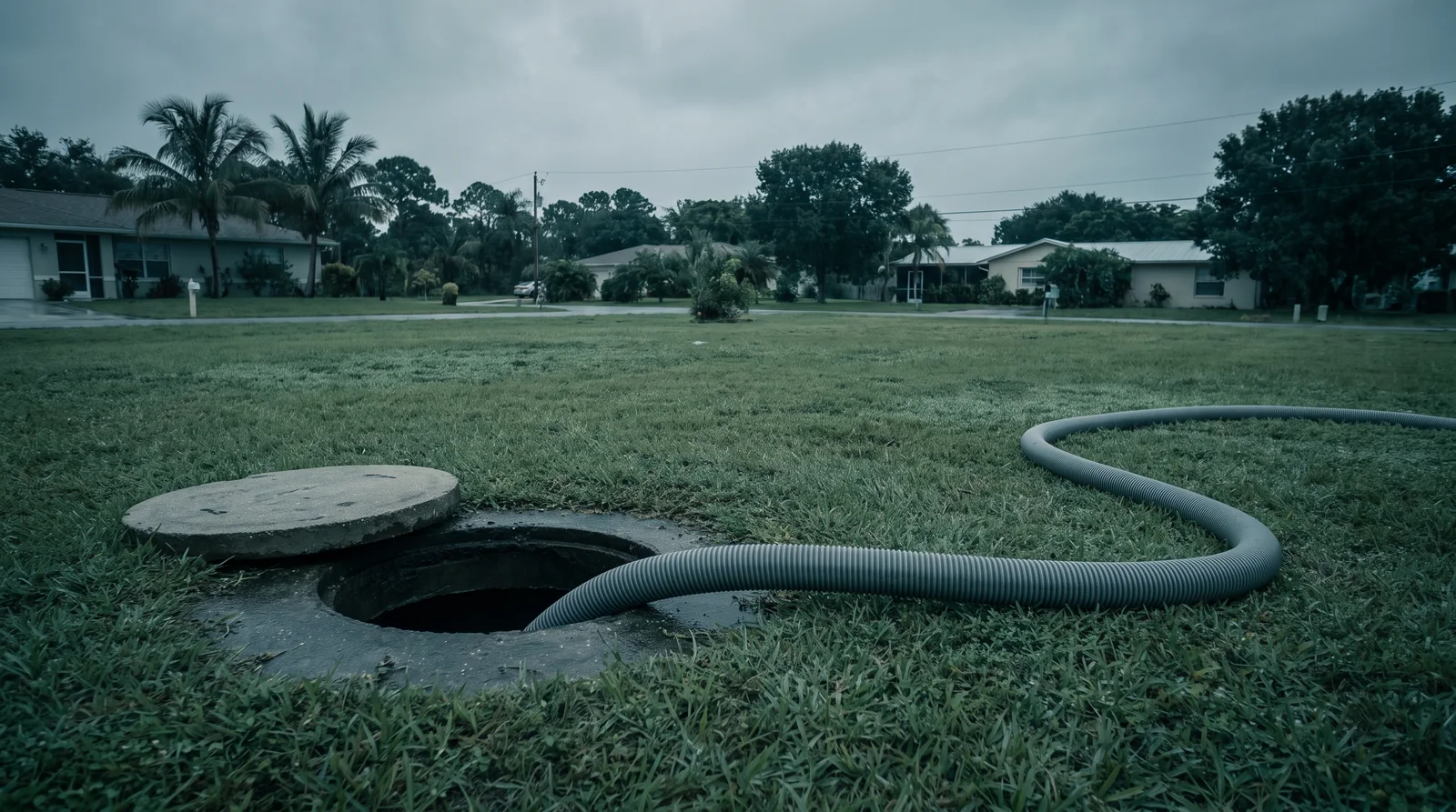 Reference photograph of an open concrete septic tank access lid set into a residential lawn, with a corrugated suction hose run across the grass to the opening on an overcast morning.